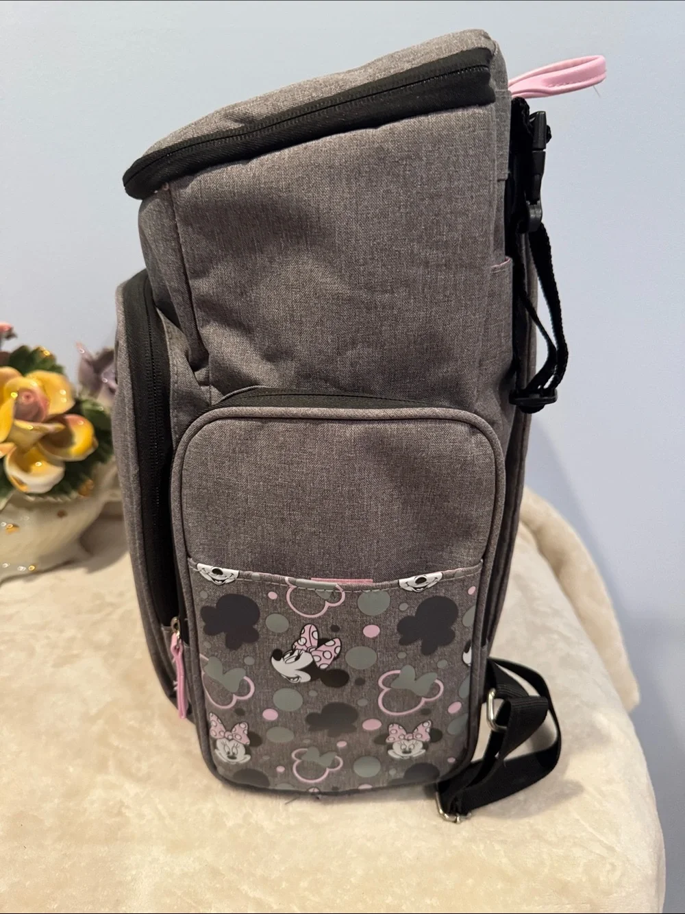 Disney Baby Minnie Mouse Jartop Diaper Backpack in gray and pink, NWOT